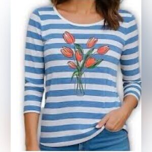 Talbots Blue and White Long Sleeve Tee with Botanical Print